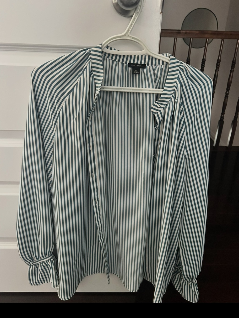 Ann Taylor Striped Button-Front Blouse in Teal & White, size medium (tall)